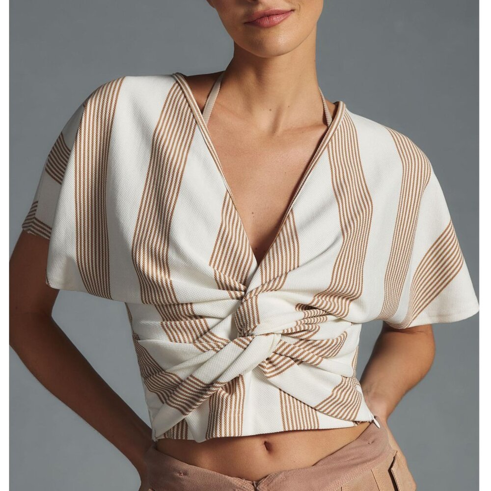 Anthropologie Bishop + Young Twist-Front Top Sand Brown White M